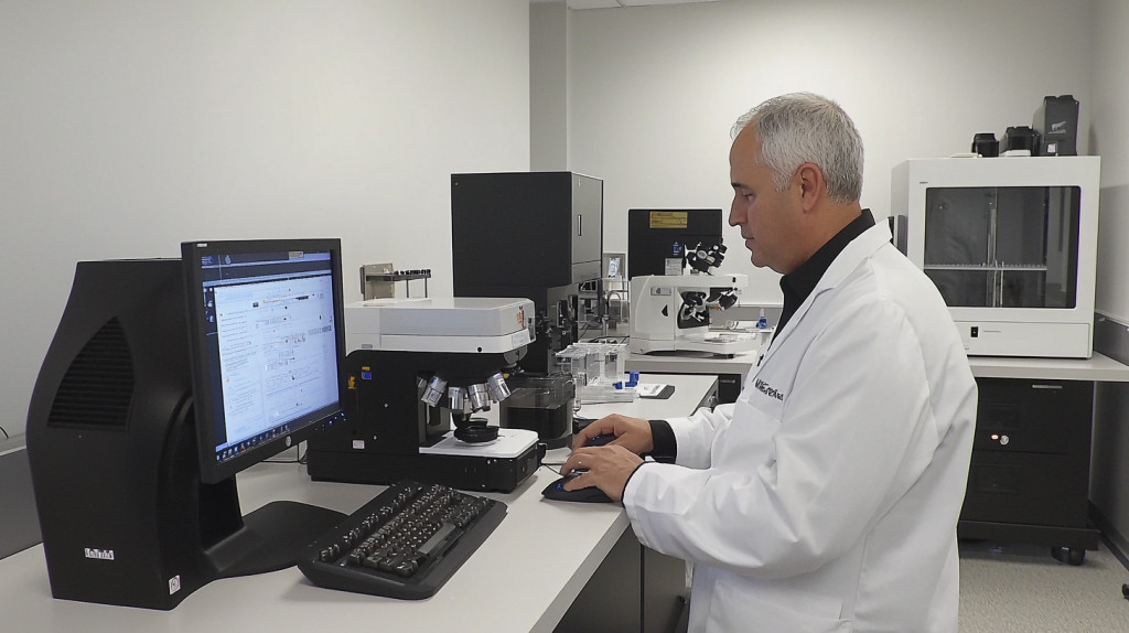 Scientist Analyzing NGS Data on Computer in High-Tech Lab